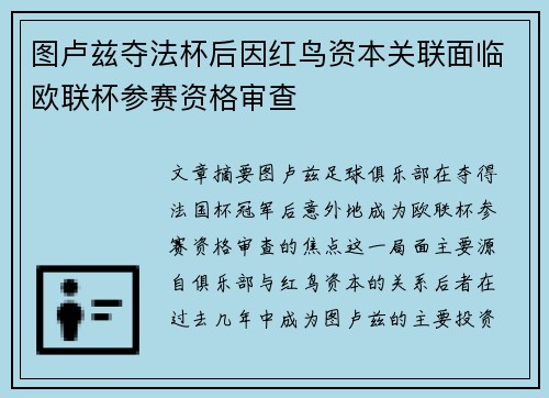 图卢兹夺法杯后因红鸟资本关联面临欧联杯参赛资格审查 图卢兹夺法杯后因红鸟资本关联面临欧联杯参赛资格审查